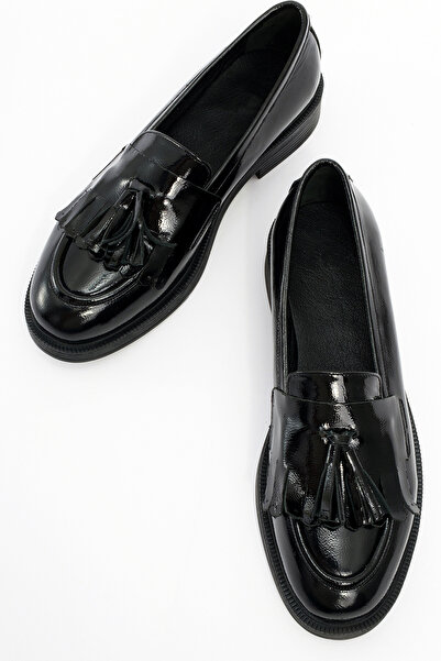 GRADA Tasseled Genuine Patent Leather Black Women's Loafer Shoes Women's Casu...