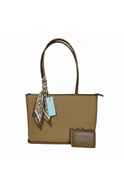 Chrisbella Taupe Beige Luxury Tote Bag with Sling, Scarf & Matching Wallet