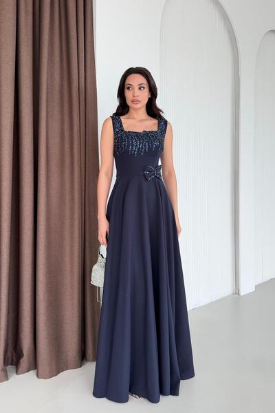 Serica Moda Navy Blue Asymmetrical Collar Stone Embroidered Evening Dress