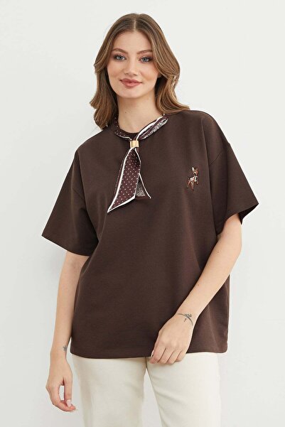 Fulla Moda Scarf Detailed Crew Neck Embroidered Oversized T-Shirt
