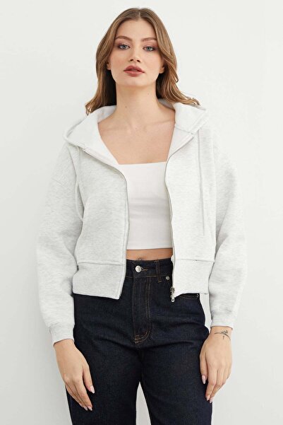 Fulla Moda basic cu glugă Crop Swea cu fermoar tricou