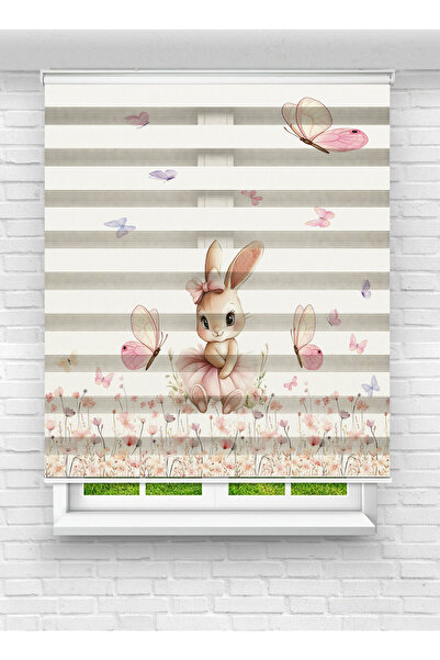Ay Işığım Kız Çocuk Odası Tavşan ve Kelebek Desenli Dijital Baskılı Zebra Sto...