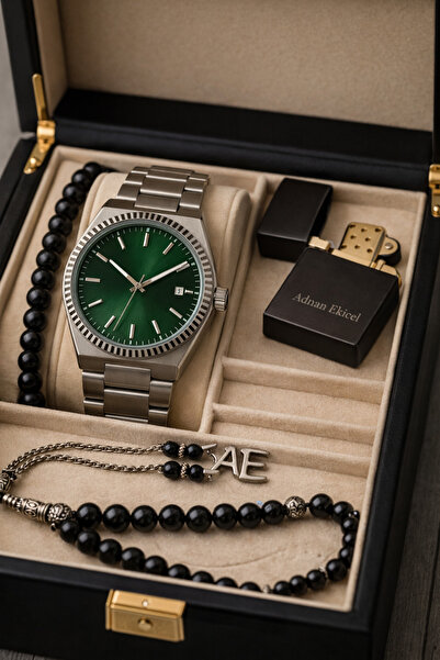 pierrose Erkek Çelik Kasa Yeşil Kadran Metal Kordon Kol Saati Bileklik Tesbih...