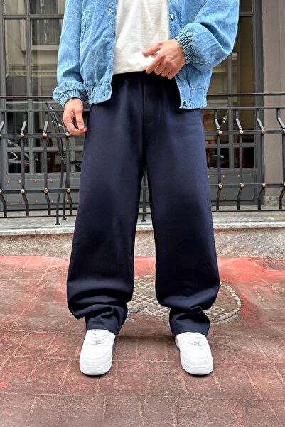 Flaw Wear Elastic Waist Baggy Gabardine Trousers Navy Blue