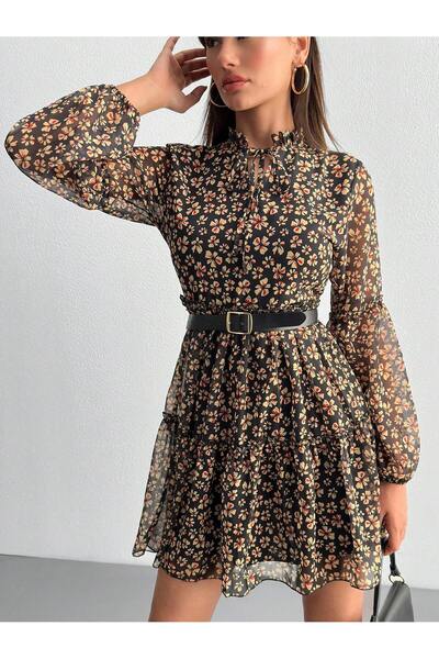 mass fashion Kadın Şifon Çiçek Desenli Elbise