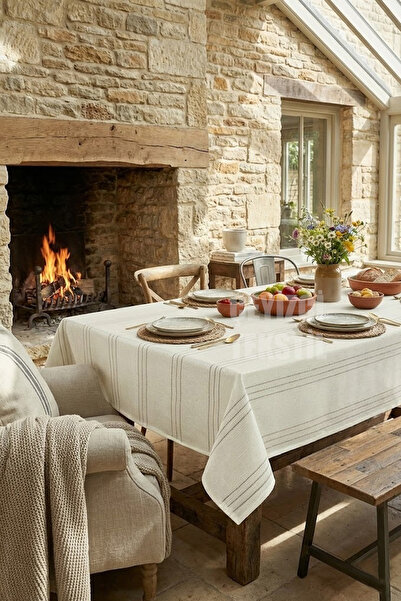 Çt Çeyizci Tekstil Colber Striped Tablecloth 160*220 cm Cream |   Stain-Resis...