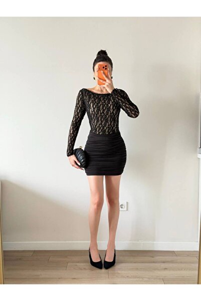 LOCH BUTİK Women's Black Back Detailed Lace Mini Dress