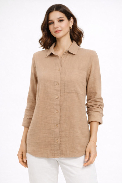 Nuevo Kadın Bej Müslin Gömlek – Düğmeli, Cepli, Rahat Kesim, Günlük Kullanım -