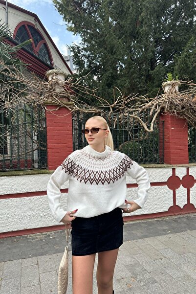 lizge giyim Crocked Collar Patterned Knitwear Sweater