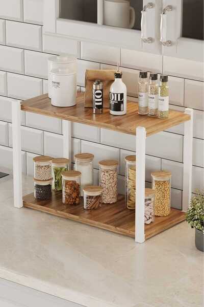 WOODENSA Mutfak Tezgah Üstü baharatlık kavanozluk 2 Yüksek Raflı Banyo rafı M...
