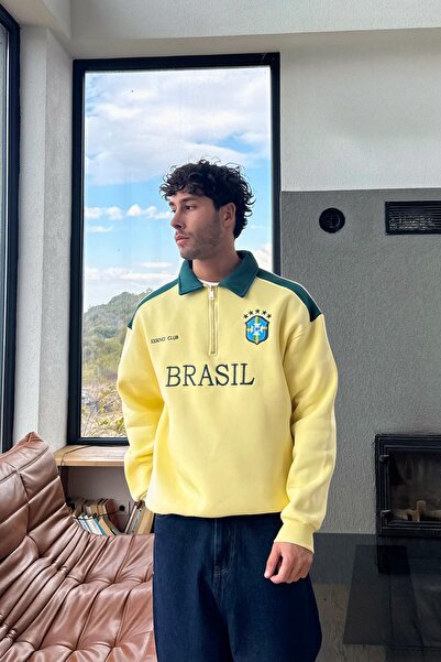 Flaw Wear Half Zip Brazil Embroidered Sweatshirt Yellow