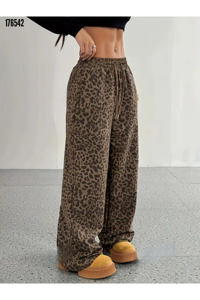 Kokosh moda Kadın Leopar Desenli Lastik Bel Basic Rahat Pantolon