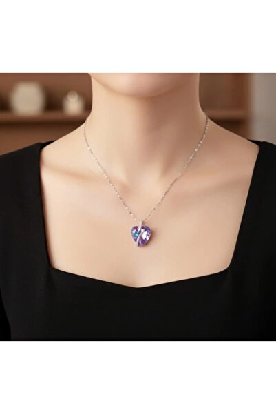 stainless steell Bright Purple Color Heart Model Steel Necklace with Silver C...