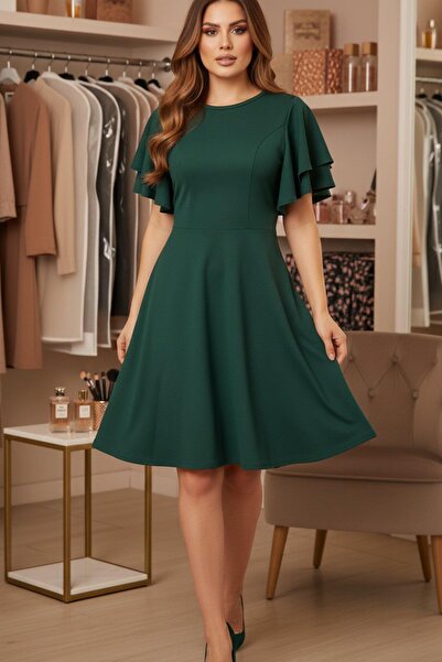 Mossta Crew Neck Flywheel Sleeve Mini Crepe Dress - Green