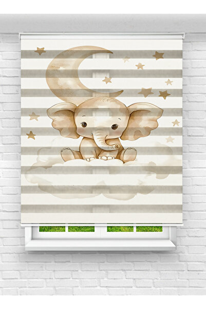 Ay Işığım Bebek Odası Ay ve Fil Desenli Dijital Baskılı Zebra Stor Perde