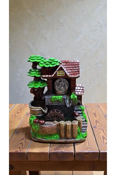 hediye Su Değirmeni Fıçı Çatılı Köy Evi Dekoratif Led Işıklı Şelale Biblo Hed...