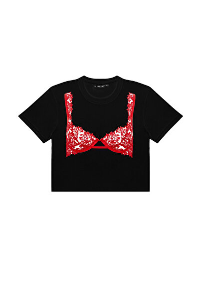 Sekizbiraltı Red Bra Printed Black Crop Top