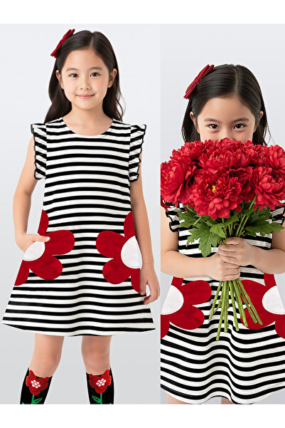 Denokids Rochie florală pentru fetiță, cu dungi alb-negru, sezonul de primăva...