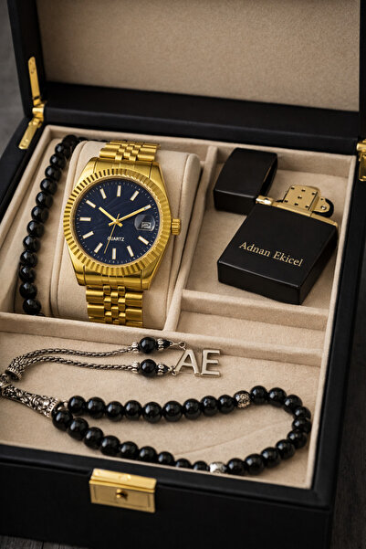 pierrose Erkek Gold Kasa Lacivert Kadran Metal Kordon Kol Saati Bileklik Tesb...