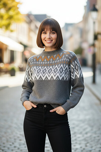 FERHEL Women's Ethnic Zigzag Patterned Knitwear Sweater