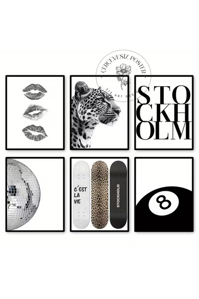 512 STORE 6'lı Leopar Bilardo Topu Stockholm Kiss Black White Ev Ofis Dekor Ç...