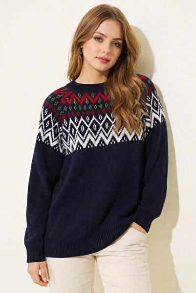 FERHEL Women's Ethnic Zigzag Patterned Knitwear Sweater - Navy Blue