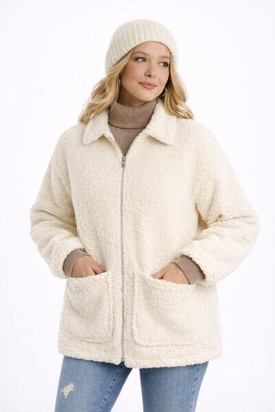 Polo State Women's Full Zip Pocket Detailed Sherpa Jacket Coat Ecru