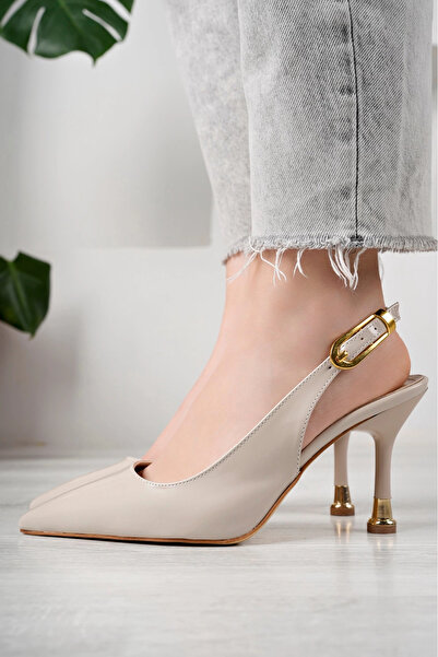 oless Women's Beige Patent Leather Buckle Pointed Stylish Heeled Stiletto Shoes