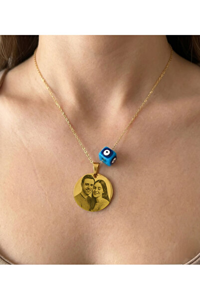 Vamoria Kişiye Özel Lazer Resim Baskılı Mavi Nazar Boncuklu Gold Renk Çelik M...