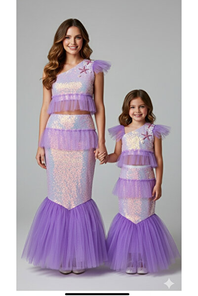 PERİLİ AYLİZ Deniz Kızı Kostümü Anne kız kombini Taç & Eldiven Hediye (kombin...