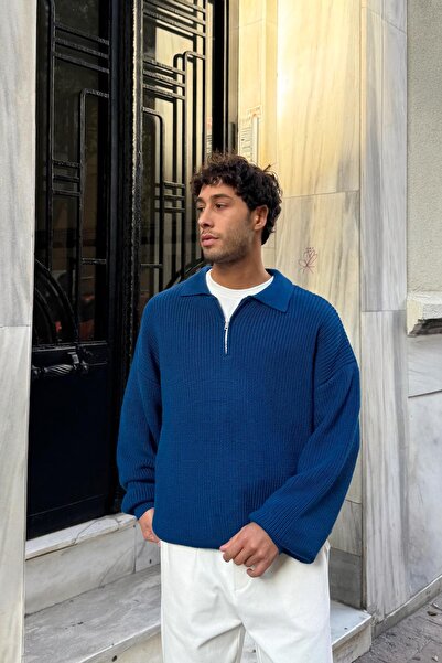 Flaw Wear Half Zip Polo Neck Knit Sweater Dark Blue