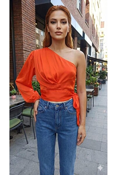 MODAMETRE Women's One-Shoulder, Belted, Side Zipper Closure, Lined Satin Blouse