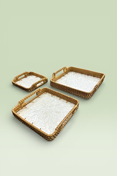 Evsun Home Collection 3-Piece Pearlescent Glass Rattan Tray Brown 28X28 25X25...