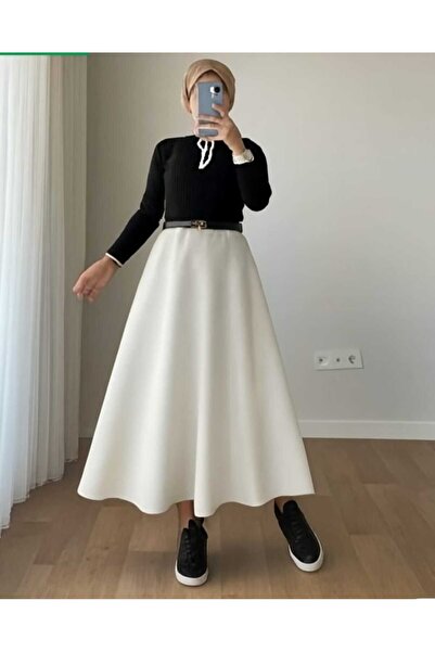 RIMFIS Kadın Puf Scuba Beyaz Tesettür Kloş Etek