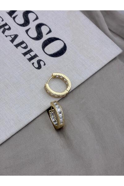 Hedef Bijuteri Gold Color Full Round Baget Zircon Stone Detailed Hoop Earring...