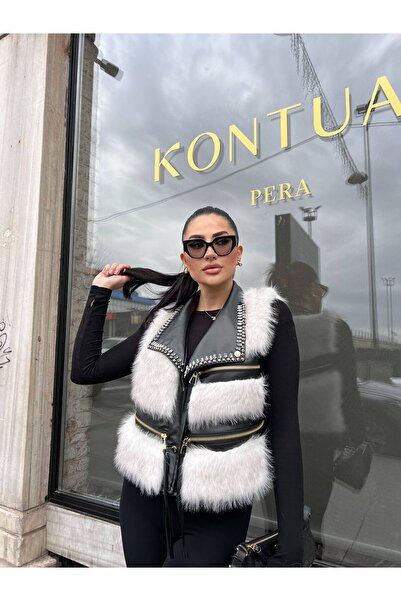 cottonage Special Design Stoned Zippered Fur Vest