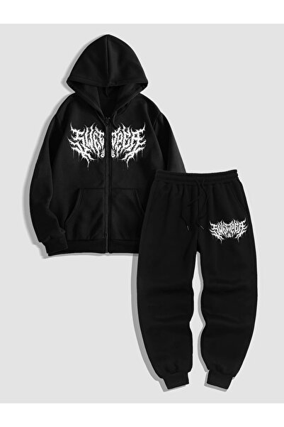 LORVANIY Unisex Design Printed 3 Thread Ş Fleece-Lined K Hooded Tracksuit Set