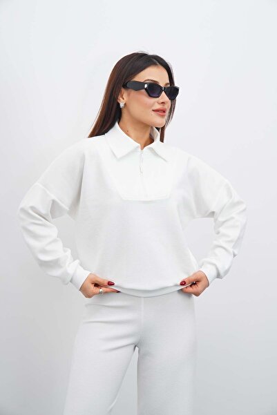 DI LORIA Women's White Tracksuit Set Oversized Zippered Sweatshirt Pants