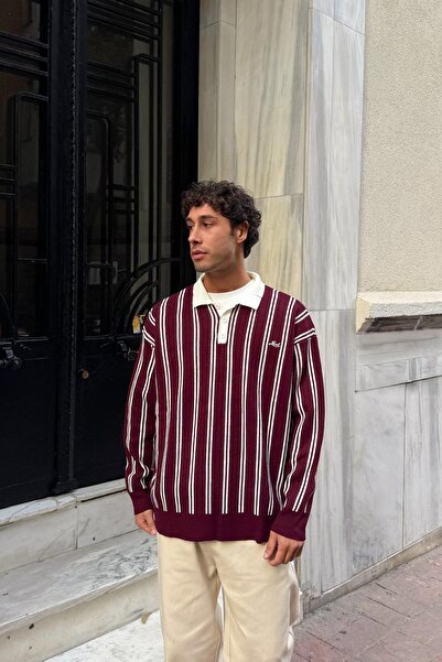 Flaw Wear Local Embroidered Striped Knitwear Sweater Burgundy