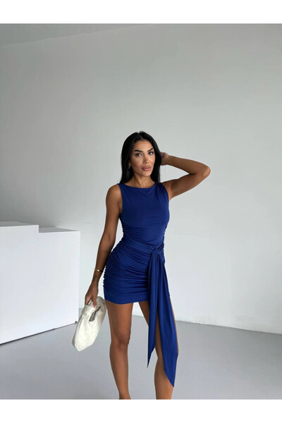 hazelin Women's Cobalt Blue Crew Neck Zero Sleeve Belted Dress Hzl25S-Fry123221