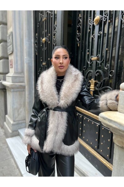 cottonage Design Leather Waist Belted Short Jacket with Fur Detail
