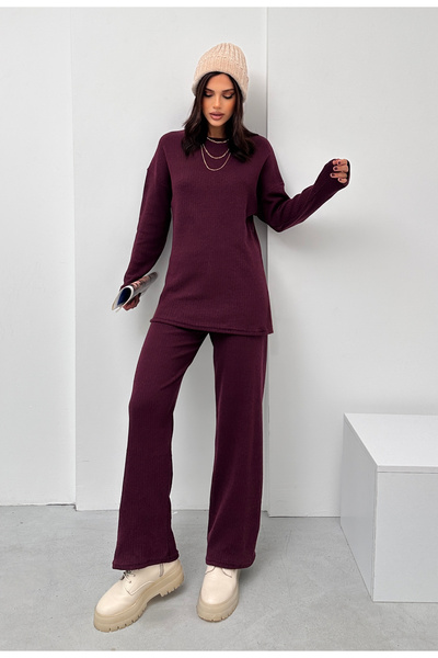 eyyebelle Women's Crew Neck Long Sleeve Tunic Pants Double Interlock Set