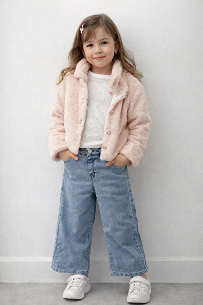 ÖZNUR Kız Çocuk Pudra Peluş Mont & pantolon üçlü Takım