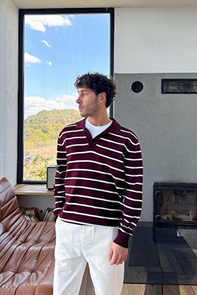 Flaw Wear Striped V-Neck Knitwear Sweater Claret Red