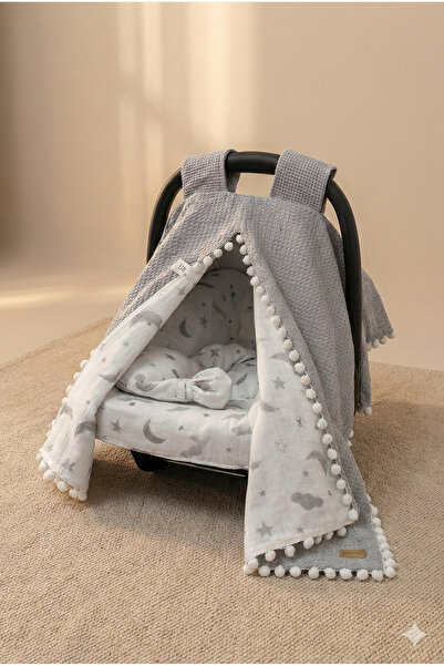 BeygeBaby Çift Katlı Gri Pike ve Bulut Desenli Müslin Çift Yönlü Puset Örtüsü...
