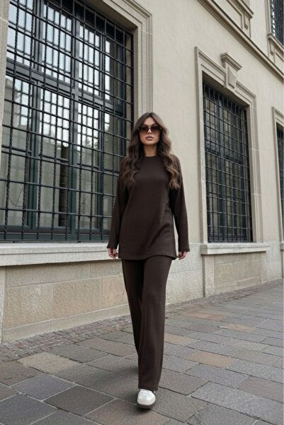 eyyebelle Women's Crew Neck Long Sleeve Tunic Pants Double Interlock Set