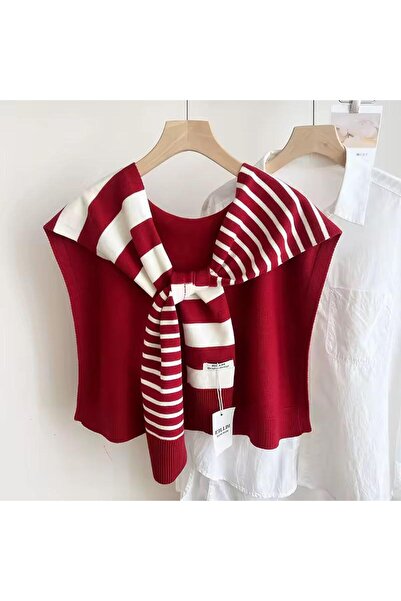 ElevaGlam Yeni Stil Triko Omuz Şalı Kırmızı Beyaz Desenli