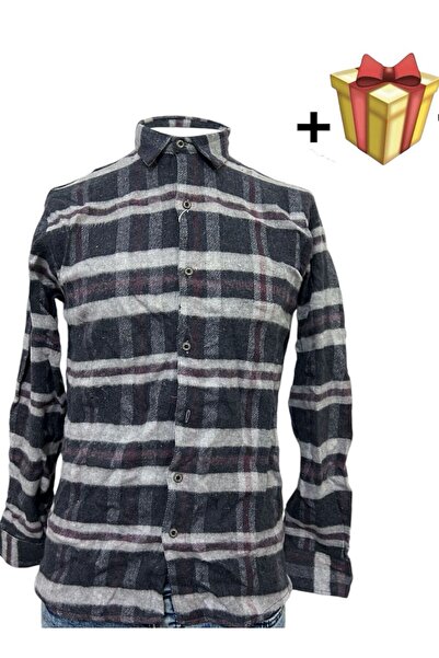 ALEMDAR STORE Men's winter shirt, gray and burgundy plaid pattern - warm and ...