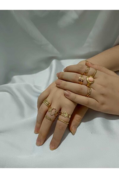 uyguntakıaksesuar Gold Color Multi Ring Set – Modern Chain & Figure Detail, A...