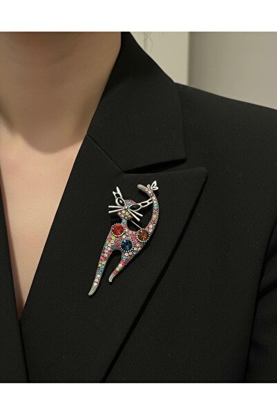 Vira Rise Renkli Taşlı Kedi Broş Yaka İğnesi